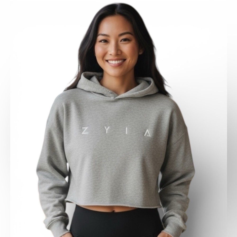 ZYIA Heather Gray Raw Hem Cropped Hoodie Size Small NO DRAWSTRING